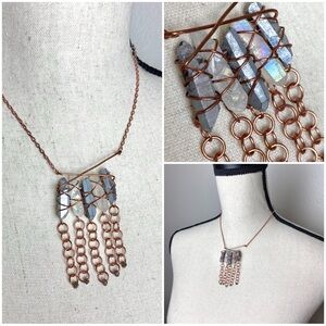 Quartz and Chain Fringe Necklace Handcrafted Silver Crystal Oil Slick Modern